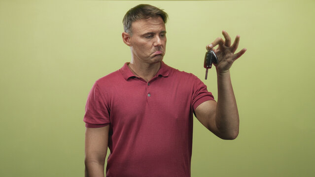 Man holding car keys dangling between fingers with a resigned frown, wearing red polo in studio; lost inconvenience frustration.