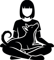 Silhouette of person meditating with dog on lap, peaceful moment of human-animal bond, calm companionship, mindfulness and relaxation scene.