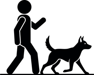 Silhouette of person walking with dog outdoors, pet care concept, companionship, healthy lifestyle, black and white vector illustration