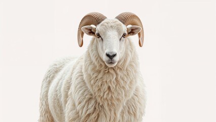 Fototapeta premium A sheep with prominent curved horns facing forward against a white background.