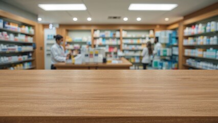 A pharmacy or drugstore interior with shelves of medicines and healthcare products, and people working or shopping inside.