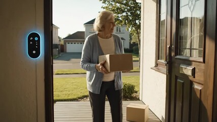 Packages at front door of house,  security system on wall