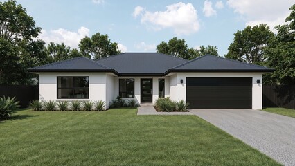 Modern single-story house with a dark roof, white exterior, and attached garage, surrounded by green lawn and trees.
