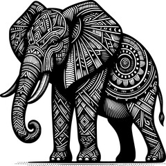 Obraz premium Tribal Elephant Illustration: Intricate tribal patterns adorn the majestic form of an elephant, evoking a sense of ancient wisdom, strength, and cultural heritage.