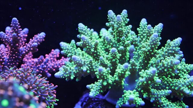 Vibrant acropora coral glowing under intense blue ultraviolet light in aquarium.