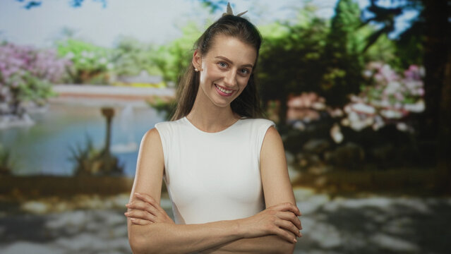 Woman with bare arms crossed in forest setting wearing white sleeveless top and smiling; confidence wellness.
