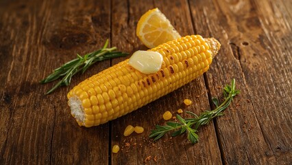Fresh corn on the cob with butter, lemon wedge, and herbs on a rustic wooden surface.
