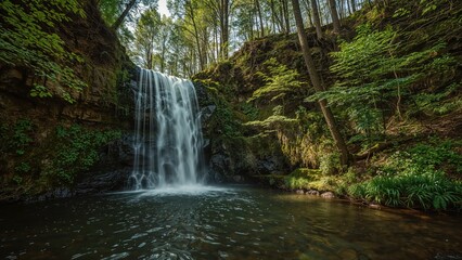 Waterfall in a forested area with trees and lush greenery surrounding the waterfall and a calm pool of water at the base.