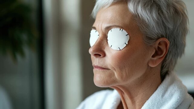 A woman wearing eye patches, possibly due to medical or cosmetic reasons