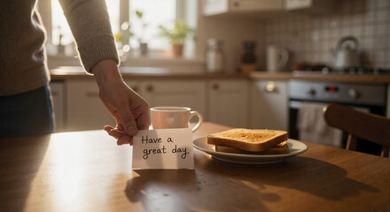 Person leaves handwritten message that reads have a great day with coffee and toast, sweet note on kitchen table. Have a great day wish is a thoughtful gesture to brighten someone’s morning.