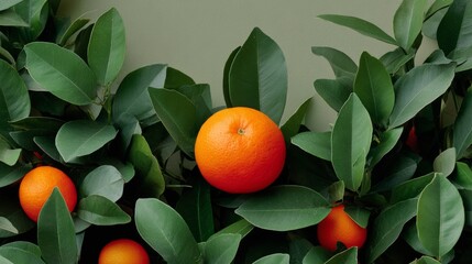 Fresh oranges hanging on green foliage, surrounded by vibrant leaves, showcasing the natural beauty of citrus fruits in a lush garden setting, perfect for healthy lifestyle themes