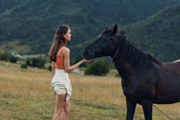 A young woman stands in a sunny field, extending a hand to a calm horse. They share a quiet connection amid open countryside and distant hills.