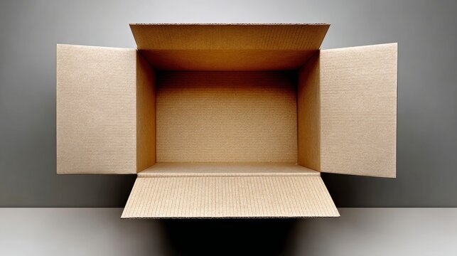 Open cardboard box with flaps extended, showcasing empty interior space, ideal for packaging or storage solutions, emphasizing versatility and practicality in design and usage