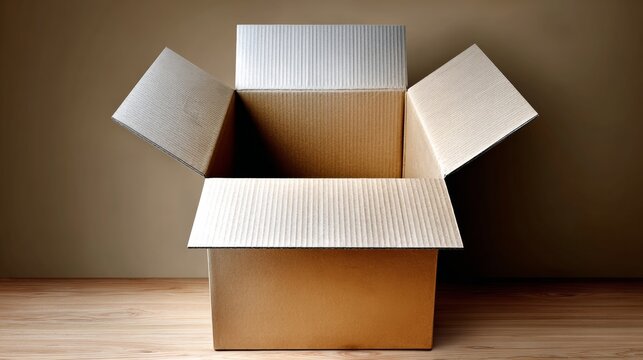 Open cardboard box with flaps raised, showcasing a spacious interior, placed on a wooden surface, ideal for packaging, storage, or creative projects, emphasizing versatility and functionality