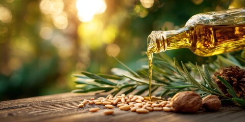 Pine nut oil pouring from bottle onto wooden surface with nuts.
