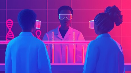 Scientists Engaged in Research with Neon Laboratory Equipment