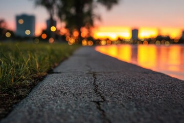 Scenic Lakeside Path at Sunset - A Tranquil Urban Escape.