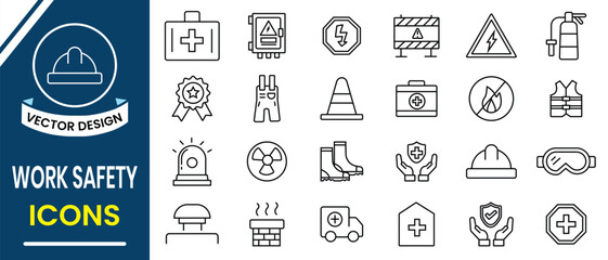 Work safety icon set collection. Containing design safety, industry, workplace security, CCTV, regulation, safety training, protection, equipment, helmet, security icon and more. Vector illustration.