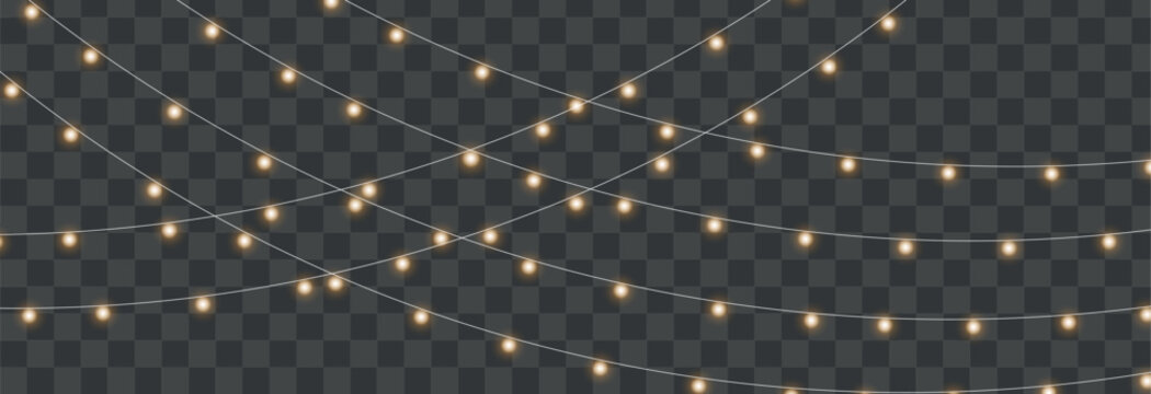 Warm golden glowing string lights on transparent background, ideal for festive decorations, holiday celebrations, parties, and events