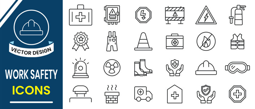 Work safety icon set collection. Containing design safety, industry, workplace security, CCTV, regulation, safety training, protection, equipment, helmet, security icon and more. Vector illustration.