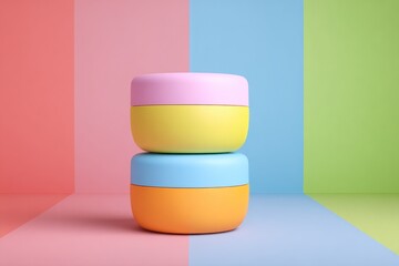 Stacked colorful containers on a vibrant background for product display.