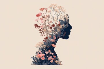 Silhouette of a woman filled with flowers and trees, double exposure.