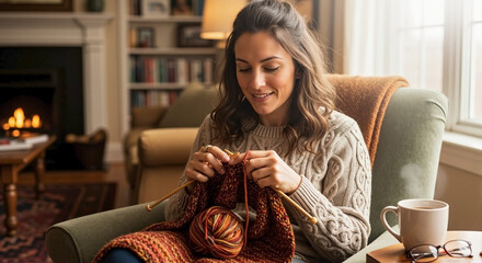 Woman knitting warm scarf for donation near fireplace at home, woman knitting warm scarf enjoys her hobby in cozy armchair near the fireplace.