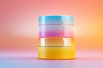 Stack of Colorful Cosmetic Jars on Gradient Background.