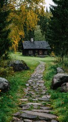 Rustic Cabin Retreat - A Stone Path to Woodland Serenity.