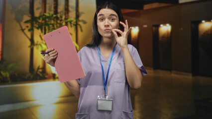 Woman holds pink clipboard and makes ok gesture with hand in hospital lobby; confidence reassurance care.