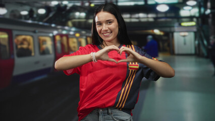 Young woman forming heart with hands in subway station wearing spain soccer jersey and smiling at...