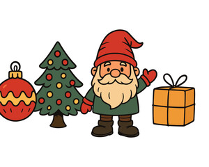 Cartoon vector illustration of Santa Claus with gifts, Christmas tree, snow, and holiday celebration decorations