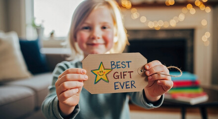 Young girl showing handmade gift tag, she made her very own cardboard creation, and now she smiles with pride. Handmade gift tag includes star and lettering that says "best gift ever".