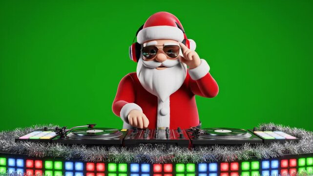 Santa Claus DJ at the Party - A 3D video depicts Santa Claus as a DJ, wearing headphones and sunglasses while mixing music.