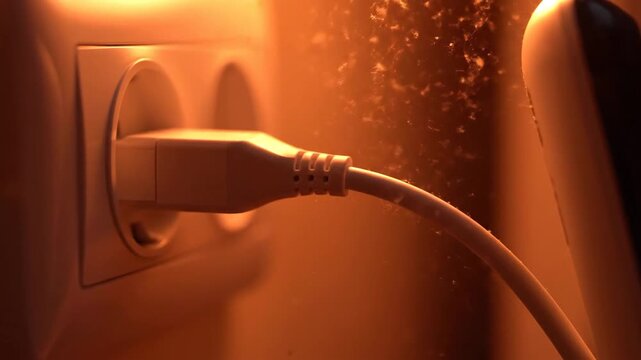 USB cable plugged into outlet, charging device close-up view.