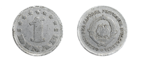 Yugoslavia one dinar coin on white isolated background