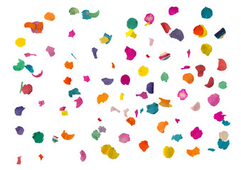 Colorful confetti pieces scattered on transparent background viewed from above for carnival celebrations. 