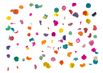 Colorful confetti pieces scattered on transparent background viewed from above for carnival celebrations. 