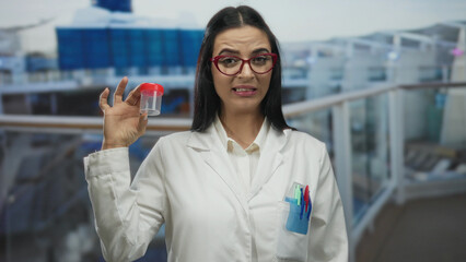 Young hispanic woman scientist in a uniform holds a test tube on a cruise ship deck outdoors...