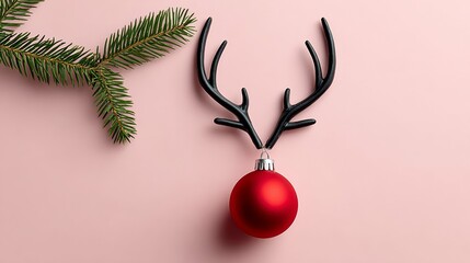 Christmas ornament featuring a red ball with black antlers, placed on a soft pink background, surrounded by a green pine branch, creating a festive holiday atmosphere with playful design elements
