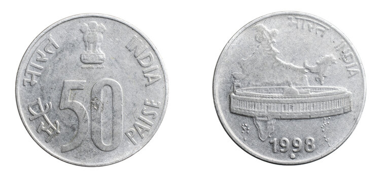 India fifty paise coin on white isolated background
