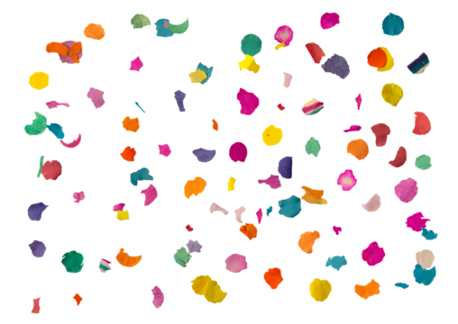 Colorful confetti pieces scattered on transparent background viewed from above for carnival celebrations. 
