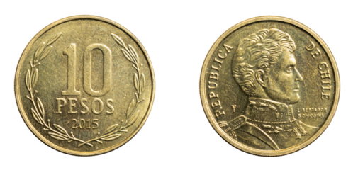 Chile ten pesos coin on a white isolated background