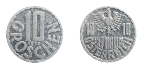 austrian  ten groschen coin on a white isolated background