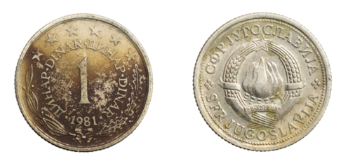 Yugoslavia one dinar coin on white isolated background