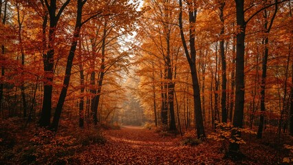 Obraz premium Autumn forest scene with trees and fallen leaves. Nature and seasonal landscape. Forest walk and nature observation. The concept of autumn and woodland tranquility.
