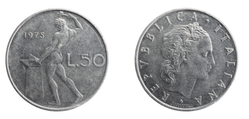 italy fifty lira coin on a white isolated background
