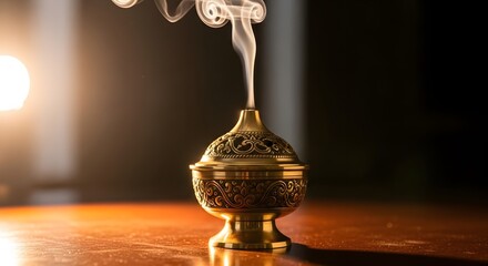 Golden incense burner releasing smoke creating aromatic atmosphere burning aroma therapy fragrant smoke concept peace tranquility