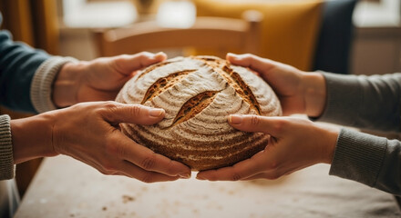 Hands passing bread loaf, capturing warm moment with close-up view. Hands gently exchanging freshly baked bread loaf in bright light.