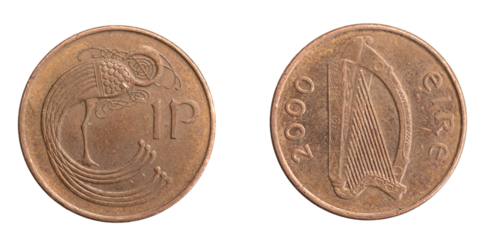Ireland one penny coin on a white isolated background